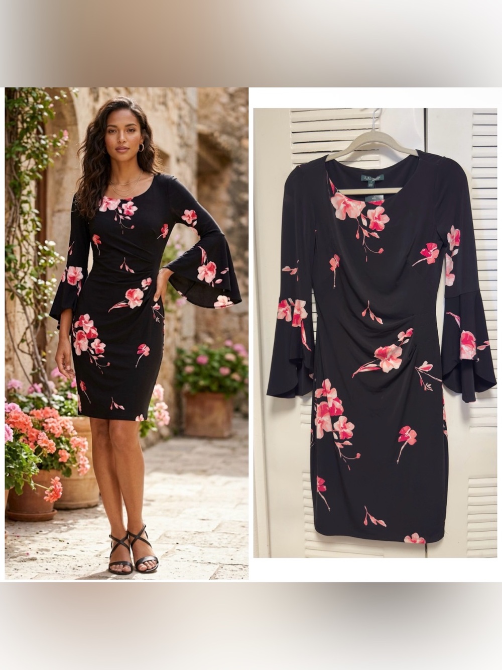 NWT-RALPH LAUREN WOMENS FLORAL BELL SLEEVE DRESS WOMENS Black Pink